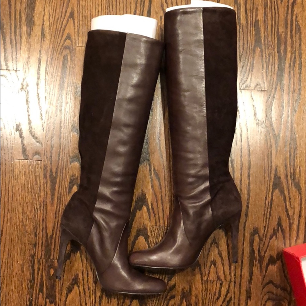 Brown leather with suede coach boots